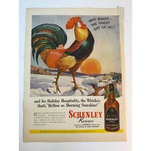 Vintage 1944 Schenley Reserve Whiskey Advertisement Print Rooster War Bonds